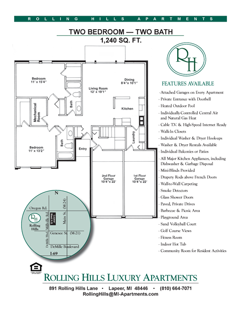 Floor plan for 2 beds, 2 baths, 1240 sqft